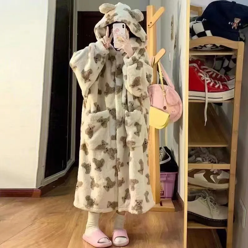 Autumn/Winter Coral Fleece Pajamas Cartoon Bear Thick Fleece Lined with Hooded Warm Robe No Pants - Image 3