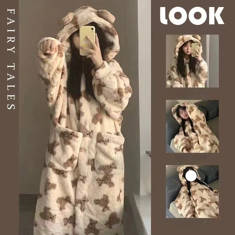 Autumn/Winter Coral Fleece Pajamas Cartoon Bear Thick Fleece Lined with Hooded Warm Robe No Pants