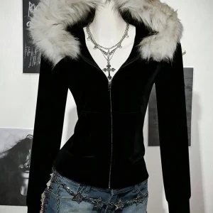 Autumn/Winter Fashion Casual Ladies Hoodie, Fur Collar Decoration, Simple Color, Y2K Retro High Street Short Slim Hot Girl Hoodi