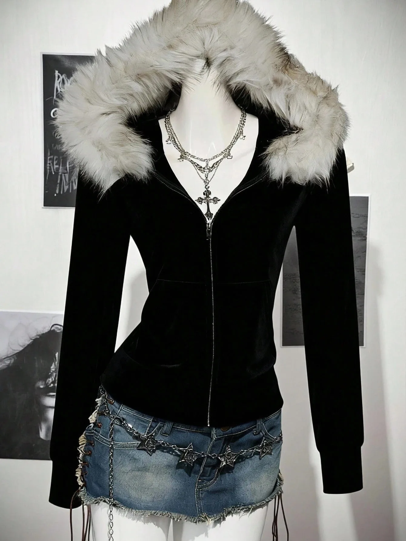 Autumn/Winter Fashion Casual Ladies Hoodie, Fur Collar Decoration, Simple Color, Y2K Retro High Street Short Slim Hot Girl Hoodi