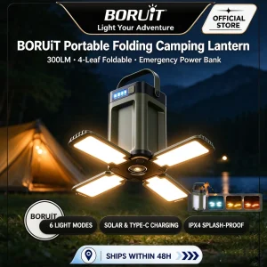 BORUiT Portable Folding Solar Camping Lantern 300LM 6 Light Modes Type-C & Solar Charging Power Bank Waterproof Tent Light