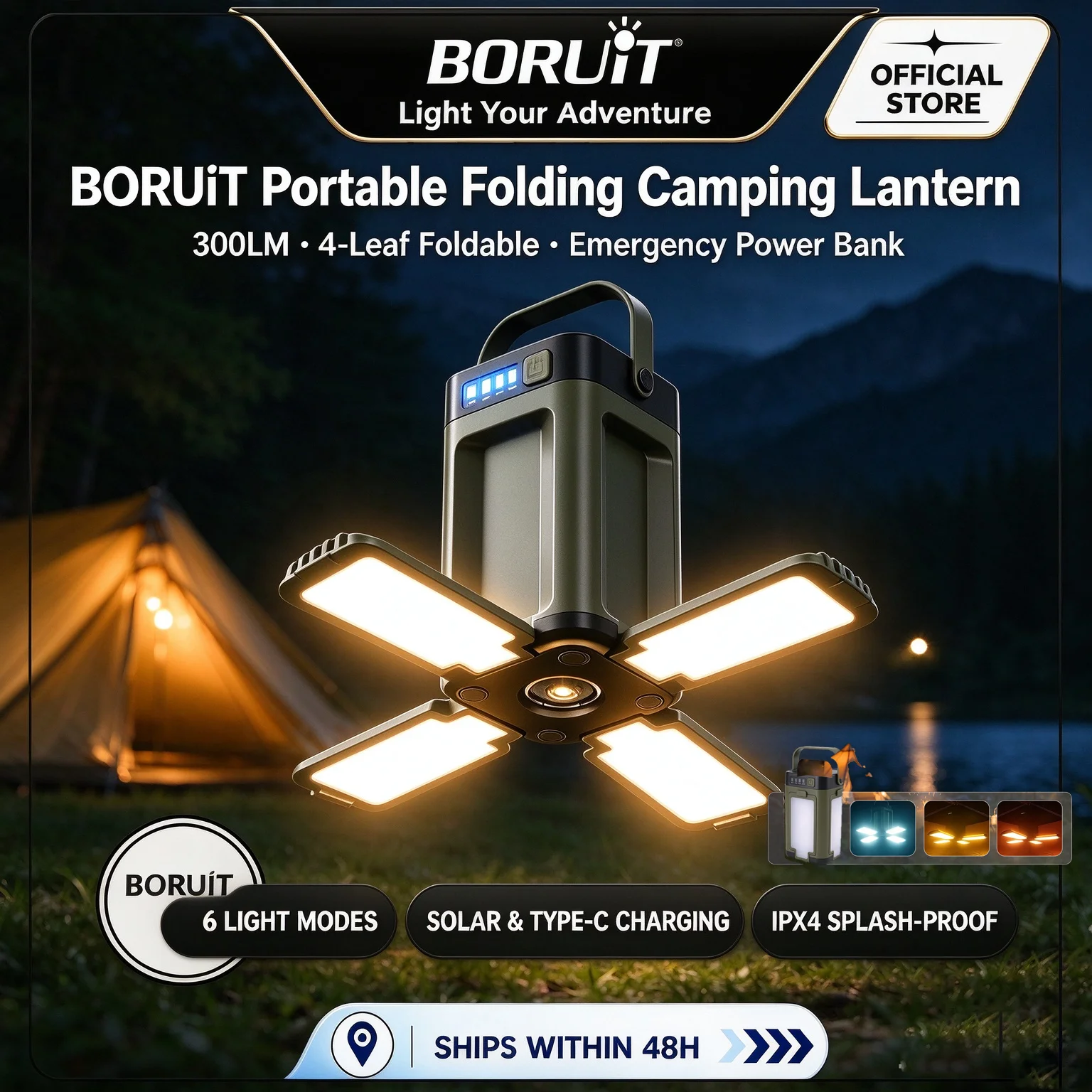 BORUiT Portable Folding Solar Camping Lantern 300LM 6 Light Modes Type-C & Solar Charging Power Bank Waterproof Tent Light