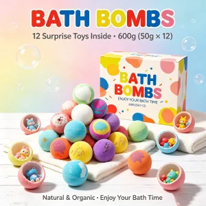 Bath Bombs Set with Surprise Toys Inside – Natural & Organic Fizzies for Bubble Bath Gift for Birthday Holiday , 600g (50g × 12)