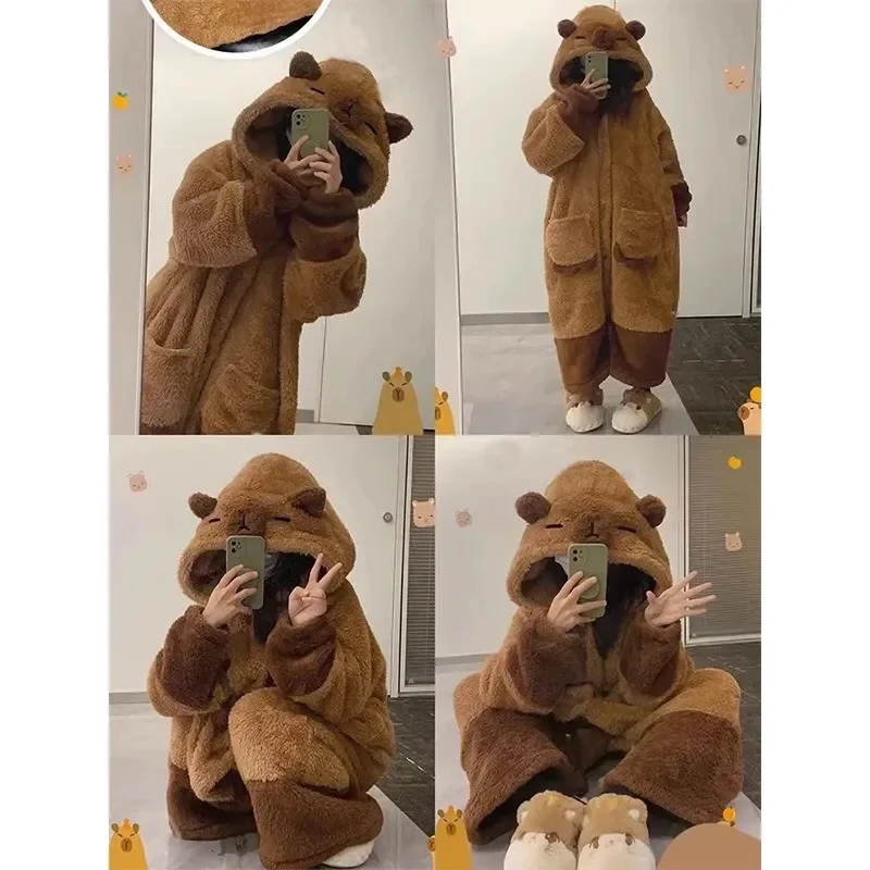 Bathrobe Woman Showerpadded Warm Plus Size Cartoon Bear Pajamas Coffee Color Dressing Gown Coral Velvet One-Piece Pajamas - Image 2