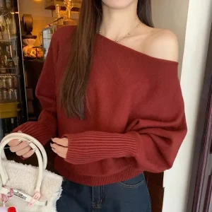 Batwing Sleeve Off‑Shoulder Sweater Women Slash Neck Rib‑knit Cropped Korean Autumn Winter Casual Daily Knit Pullover Tops