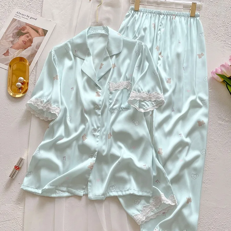 Bear Print Pajamas Women Cool Ice Silk Short Sleeve Pants Loungewear Cardigan Lace Fall and Winter Two-Piece Set Plus Size - Image 2