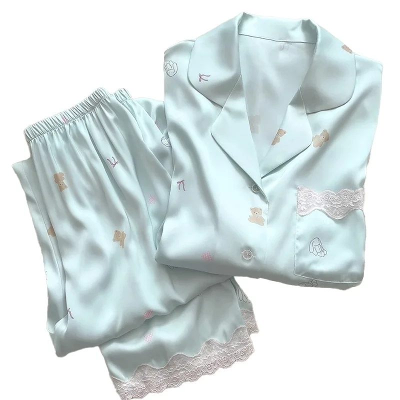 Bear Print Pajamas Women Cool Ice Silk Short Sleeve Pants Loungewear Cardigan Lace Fall and Winter Two-Piece Set Plus Size - Image 5