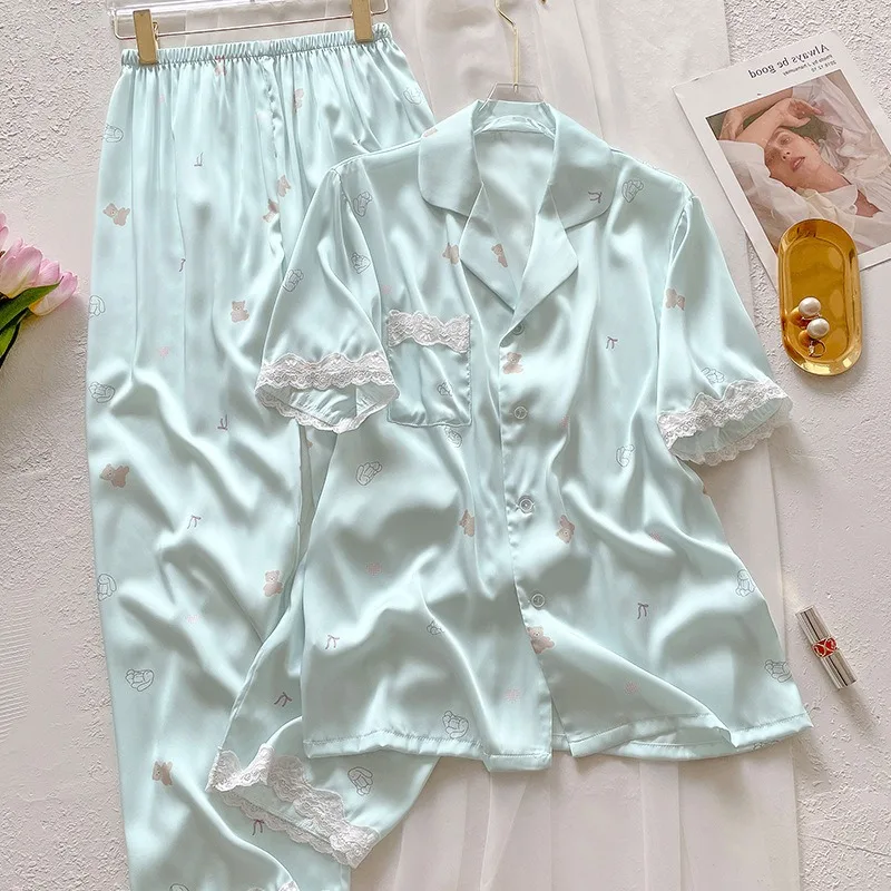 Bear Print Pajamas Women Cool Ice Silk Short Sleeve Pants Loungewear Cardigan Lace Fall and Winter Two-Piece Set Plus Size - Image 3