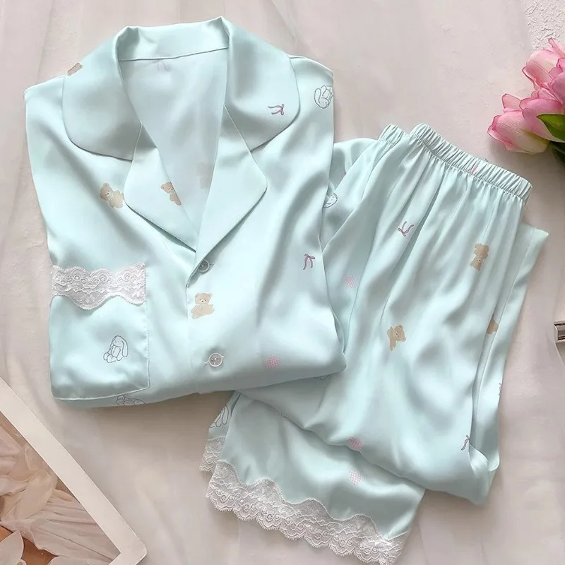 Bear Print Pajamas Women Cool Ice Silk Short Sleeve Pants Loungewear Cardigan Lace Fall and Winter Two-Piece Set Plus Size - Image 4