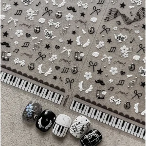 Black White Piano Note Nail Stickers Retro Music Style Sweet And cool Nail Stickers 3D Self-adhesive Nail Art Decorative Decals