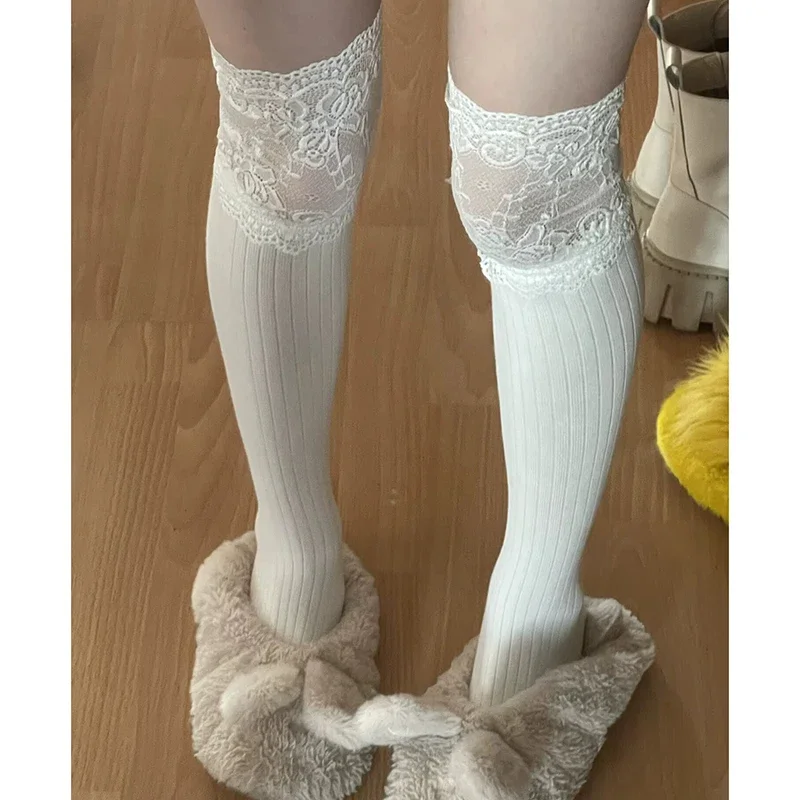 Boot Socks Autumn/Winter Solid Color Thigh High Lace Cute Lolita Thick Warm Stockings Sexy Black White Long Leg Socks for Women - Image 4