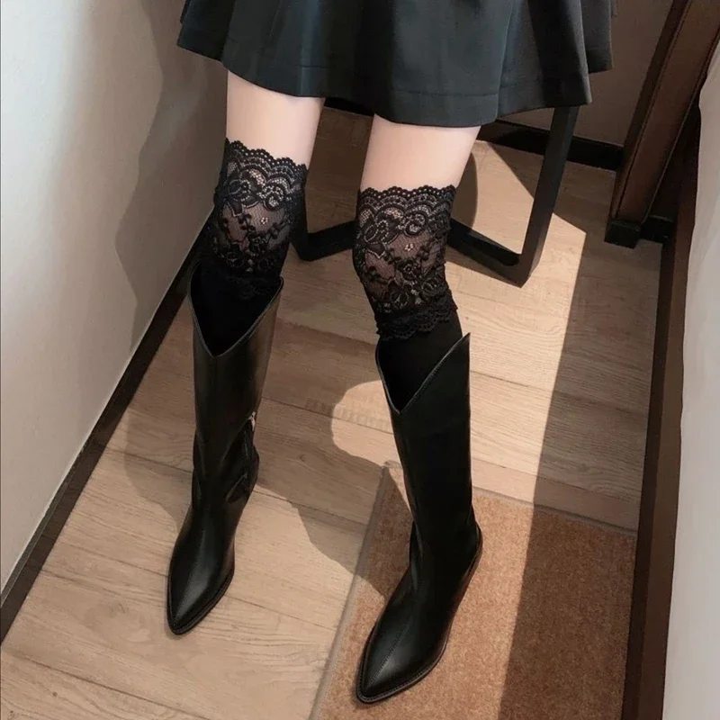 Boot Socks Autumn/Winter Solid Color Thigh High Lace Cute Lolita Thick Warm Stockings Sexy Black White Long Leg Socks for Women - Image 5