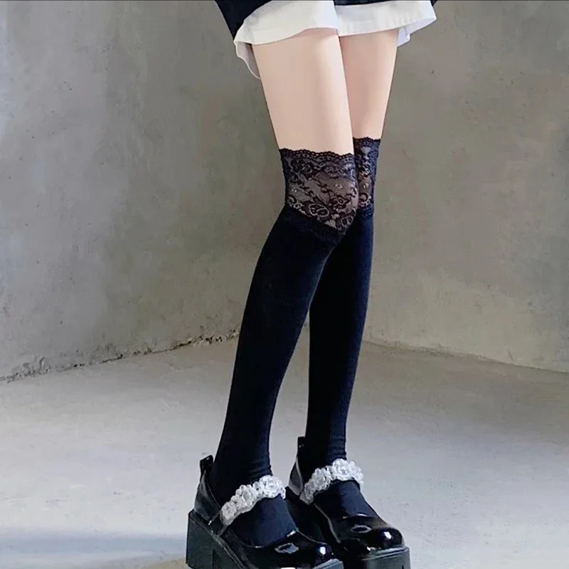 Boot Socks Autumn/Winter Solid Color Thigh High Lace Cute Lolita Thick Warm Stockings Sexy Black White Long Leg Socks for Women - Image 6