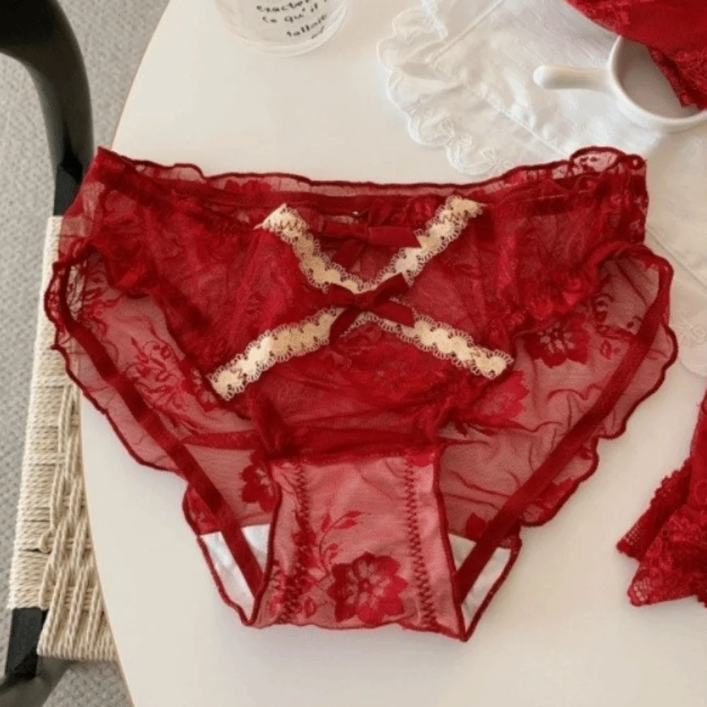 Breathable Low Waist Lace Panties Bow Transparent Mesh Flower Briefs Lingerie Cotton Crotch Lace Thin Underwear Lady - Image 4