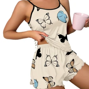 Butterfly Print Pajama Set Lettuce Trim Cami Top Elastic Waistband Shorts Women Sleepwear Loungewear