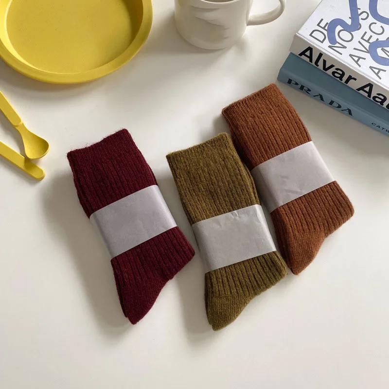 CHAOZHU Thicken Warm Merino Wool Classic Solid Colors Rib Socks Women High Quality Loose Crew Fashion Japanese Korea Sock Winter - Image 5