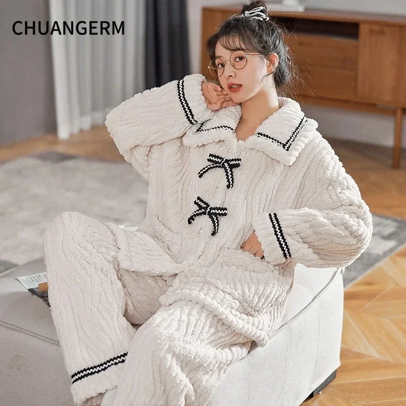 CHUANGERM Women's Pajamas Autumn and Winter Students Home Wear Padded and Thickened Warm Princess Clothes Women's Clothing
