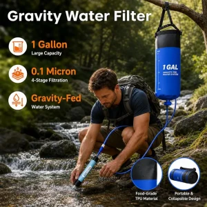 Camping Gravity Water Bag with Filter Hose Foldable Filtration Bucket For Outdoor Survival