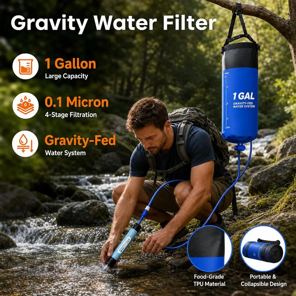 Camping Gravity Water Bag with Filter Hose Foldable Filtration Bucket For Outdoor Survival