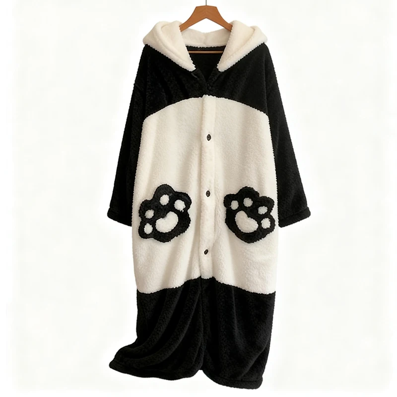 Cartoon Panda Pajama Women's Winter Warm Coral Velvet Thick Sleeprobe Cute Girl Hoodie Sleepwear Homewear Coral Fleece Bathrobe - Image 4