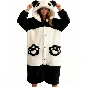 Cartoon Panda Pajama Women's Winter Warm Coral Velvet Thick Sleeprobe Cute Girl Hoodie Sleepwear Homewear Coral Fleece Bathrobe