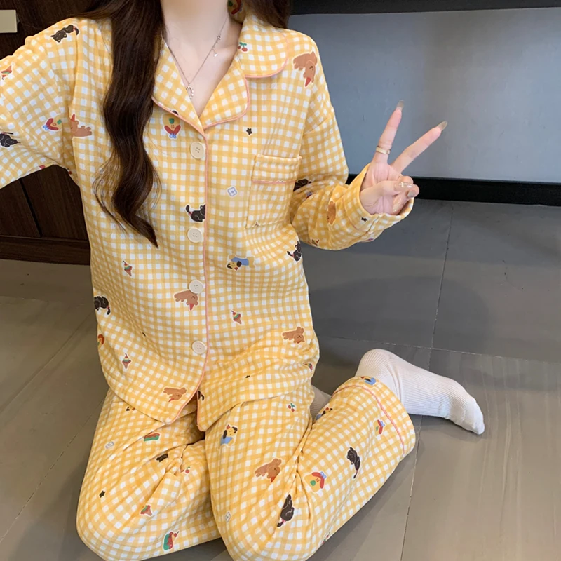 Cartoon Sweet Cute Cat Print Pajamas Set for Women Plaid Koran Style 2 Piece Set Women Sleepwear Casual Autumn Winter Homewear - Image 3