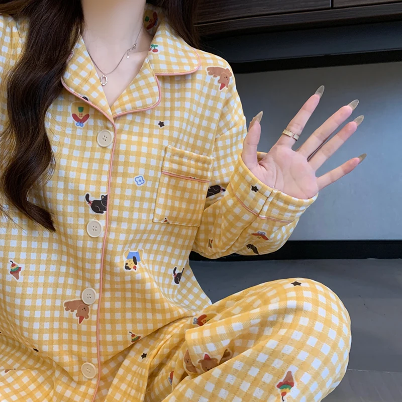 Cartoon Sweet Cute Cat Print Pajamas Set for Women Plaid Koran Style 2 Piece Set Women Sleepwear Casual Autumn Winter Homewear - Image 2