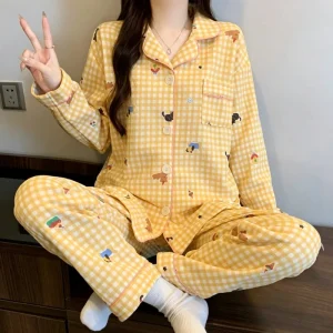 Cartoon Sweet Cute Cat Print Pajamas Set for Women Plaid Koran Style 2 Piece Set Women Sleepwear Casual Autumn Winter Homewear