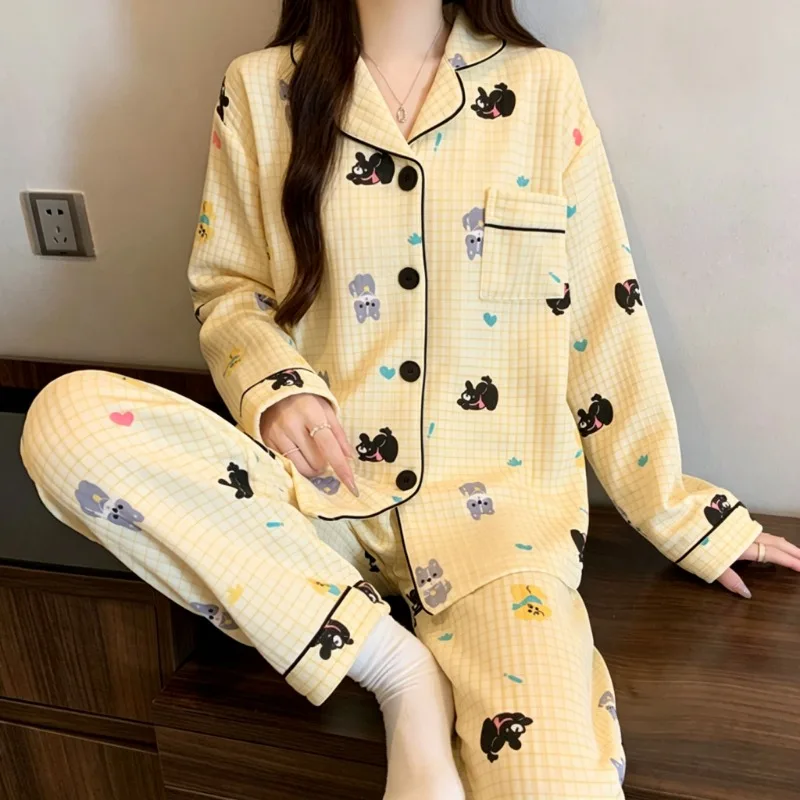 Cartoon Sweet Cute Cat Print Pajamas Set for Women Plaid Koran Style 2 Piece Set Women Sleepwear Casual Autumn Winter Homewear - Image 4