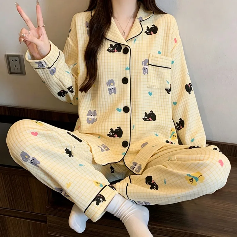 Cartoon Sweet Cute Cat Print Pajamas Set for Women Plaid Koran Style 2 Piece Set Women Sleepwear Casual Autumn Winter Homewear - Image 5