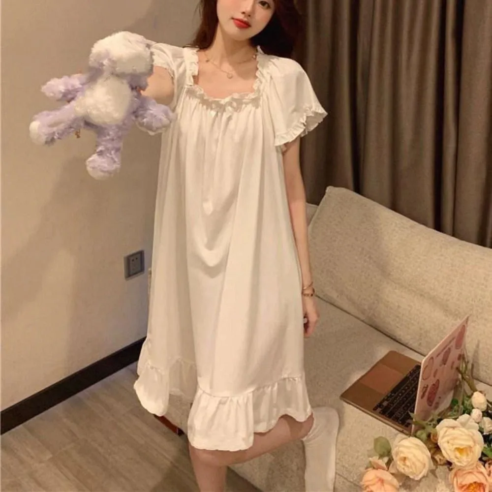 Casual Bowknot Women's Pajama Dress Short Sleeve Loose Ruffle Nightdress Home Wear Sleepwear Princess Nightgown Female - Image 3