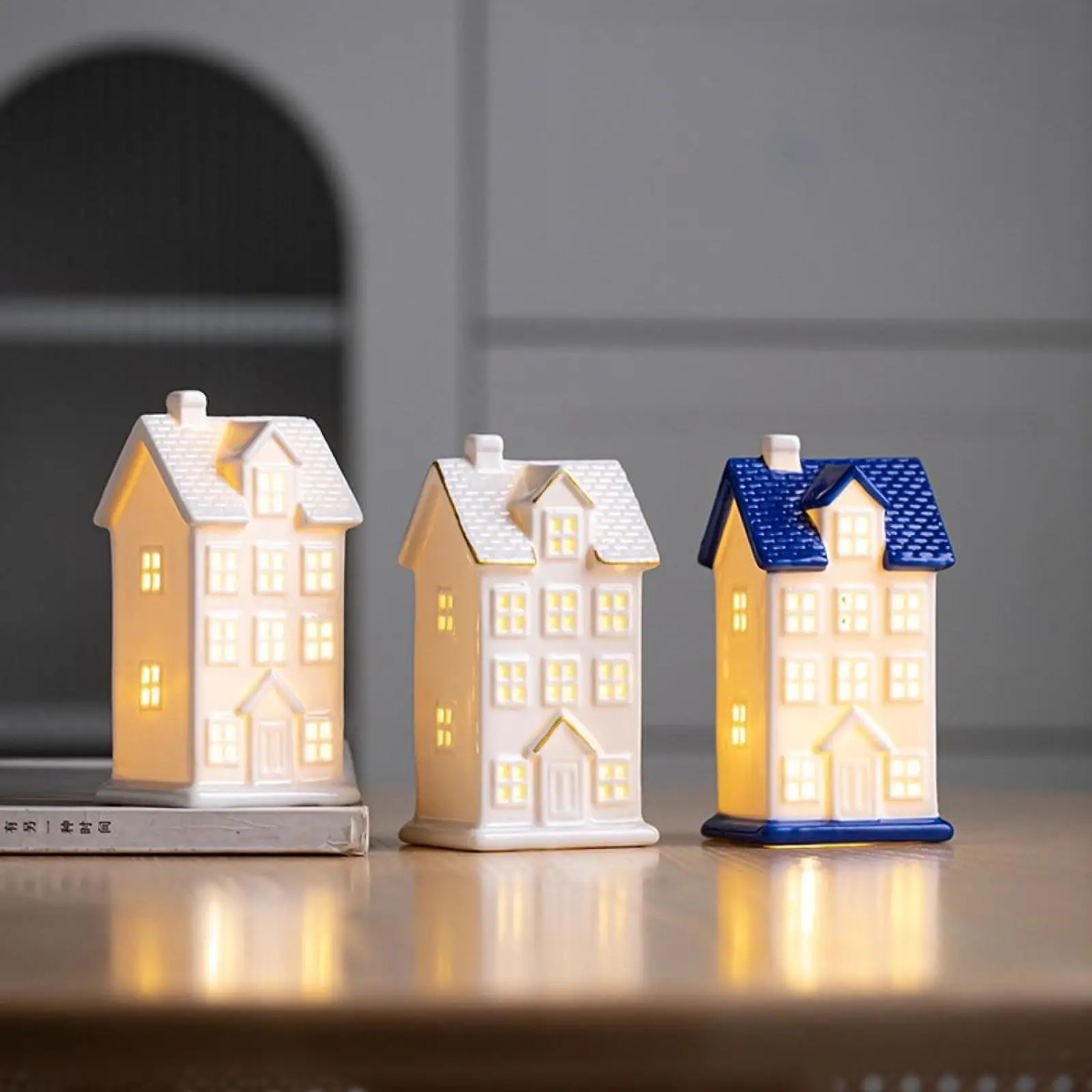 Ceramic Christmas Home Decorations Lighted Christmas House Figurine with Light Xmas Crafts Creative LED Hollow House - Image 4