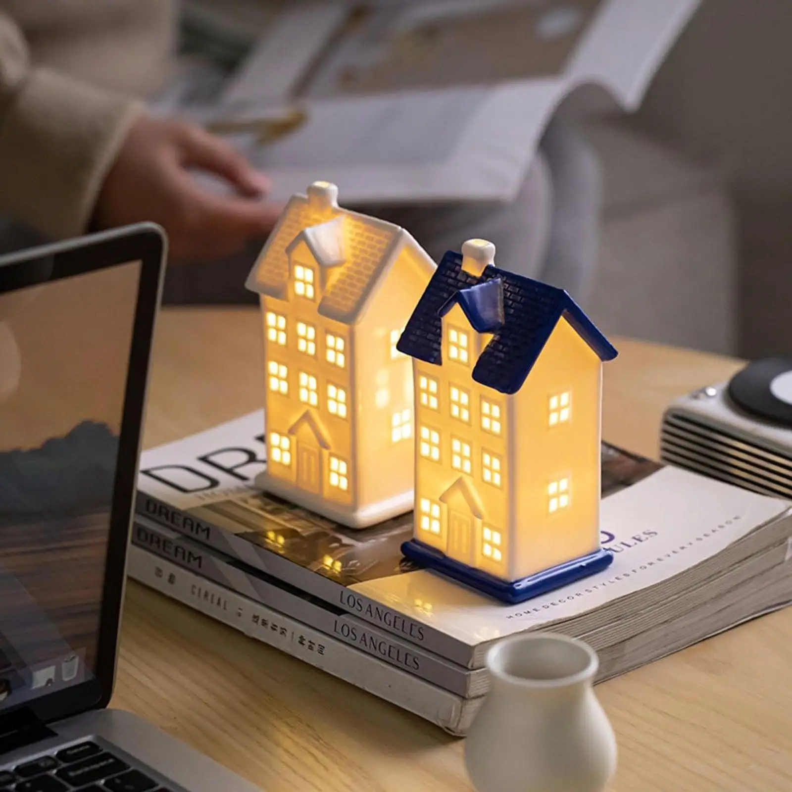 Ceramic Christmas Home Decorations Lighted Christmas House Figurine with Light Xmas Crafts Creative LED Hollow House - Image 3