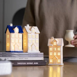 Ceramic Christmas Home Decorations Lighted Christmas House Figurine with Light Xmas Crafts Creative LED Hollow House