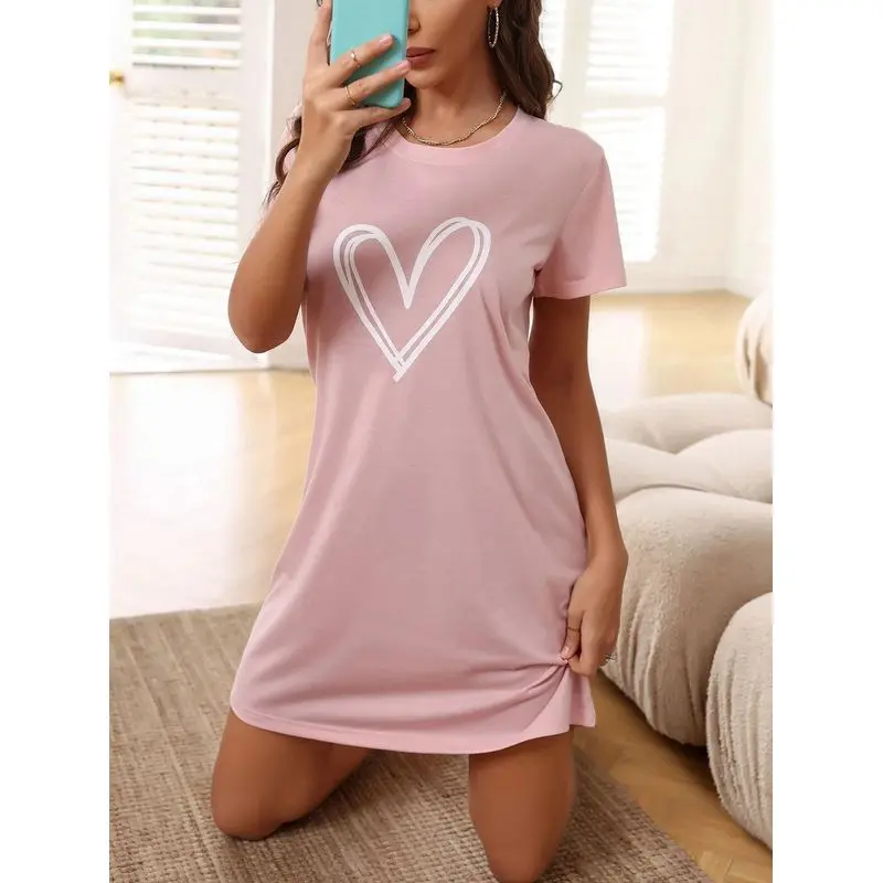 Charming Sweet Heart Print Women‘s Soft Cotton Nightgown, Short Sleeve & Relaxed Fit, Breathable Lightweight Versatile Summer Ho - Image 6