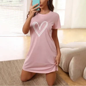 Charming Sweet Heart Print Women‘s Soft Cotton Nightgown, Short Sleeve & Relaxed Fit, Breathable Lightweight Versatile Summer Ho
