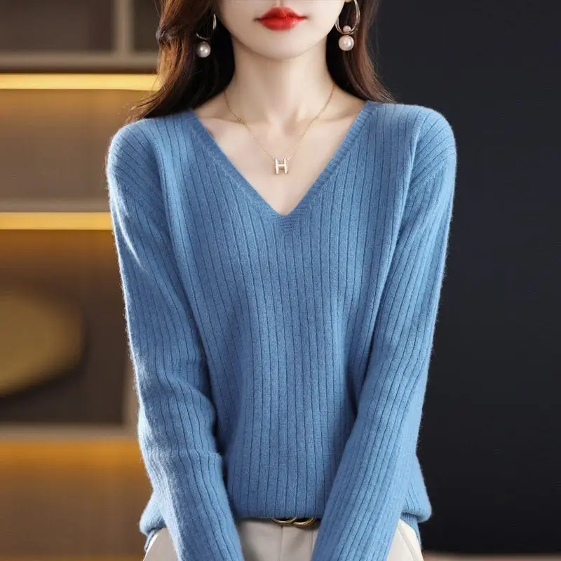 Chic Casual Autumn Winter Basic Sweater Pullovers Women V-neck Solid Knit Loose Pullover Female Long Sleeve Warm Khaki Sweater - Image 2