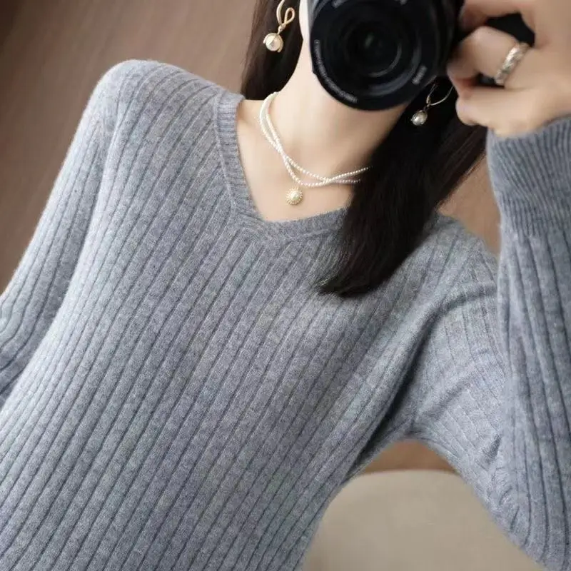Chic Casual Autumn Winter Basic Sweater Pullovers Women V-neck Solid Knit Loose Pullover Female Long Sleeve Warm Khaki Sweater - Image 3