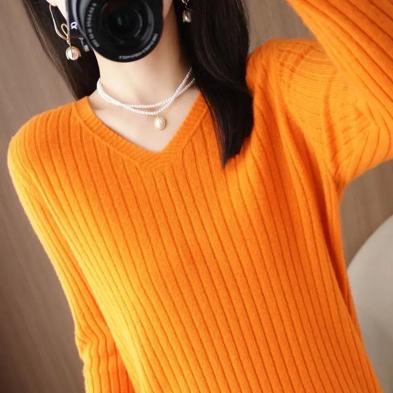 Chic Casual Autumn Winter Basic Sweater Pullovers Women V-neck Solid Knit Loose Pullover Female Long Sleeve Warm Khaki Sweater - Image 4