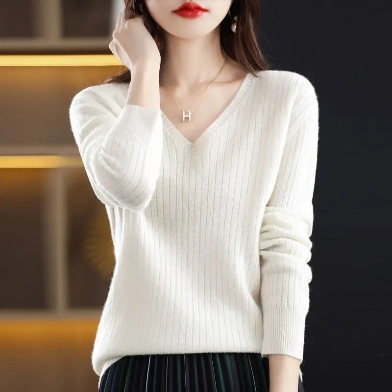 Chic Casual Autumn Winter Basic Sweater Pullovers Women V-neck Solid Knit Loose Pullover Female Long Sleeve Warm Khaki Sweater - Image 5