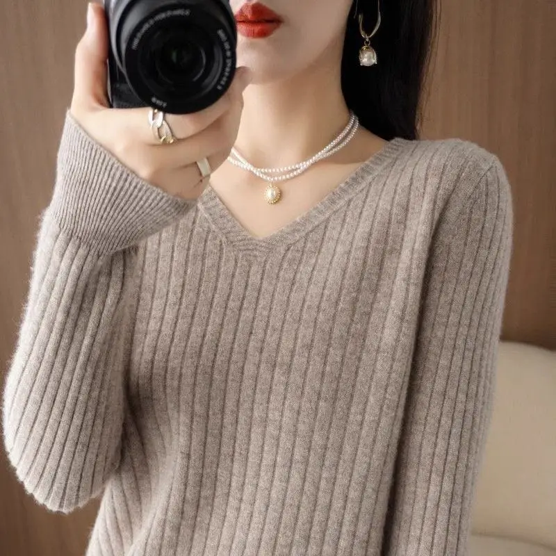 Chic Casual Autumn Winter Basic Sweater Pullovers Women V-neck Solid Knit Loose Pullover Female Long Sleeve Warm Khaki Sweater - Image 6
