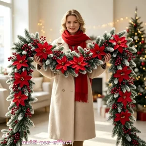 Christmas Artificial Beautiful Snow White Pine Needles Red Berries Red Poinsettia Christmas Red Flower Vine Decoration