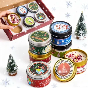 Christmas Atmosphere Aromath Set Gift DIY Soy Wax Dried Floral Tin Box DIY Smokeless Plant Scented Candles Xmas Party Decor