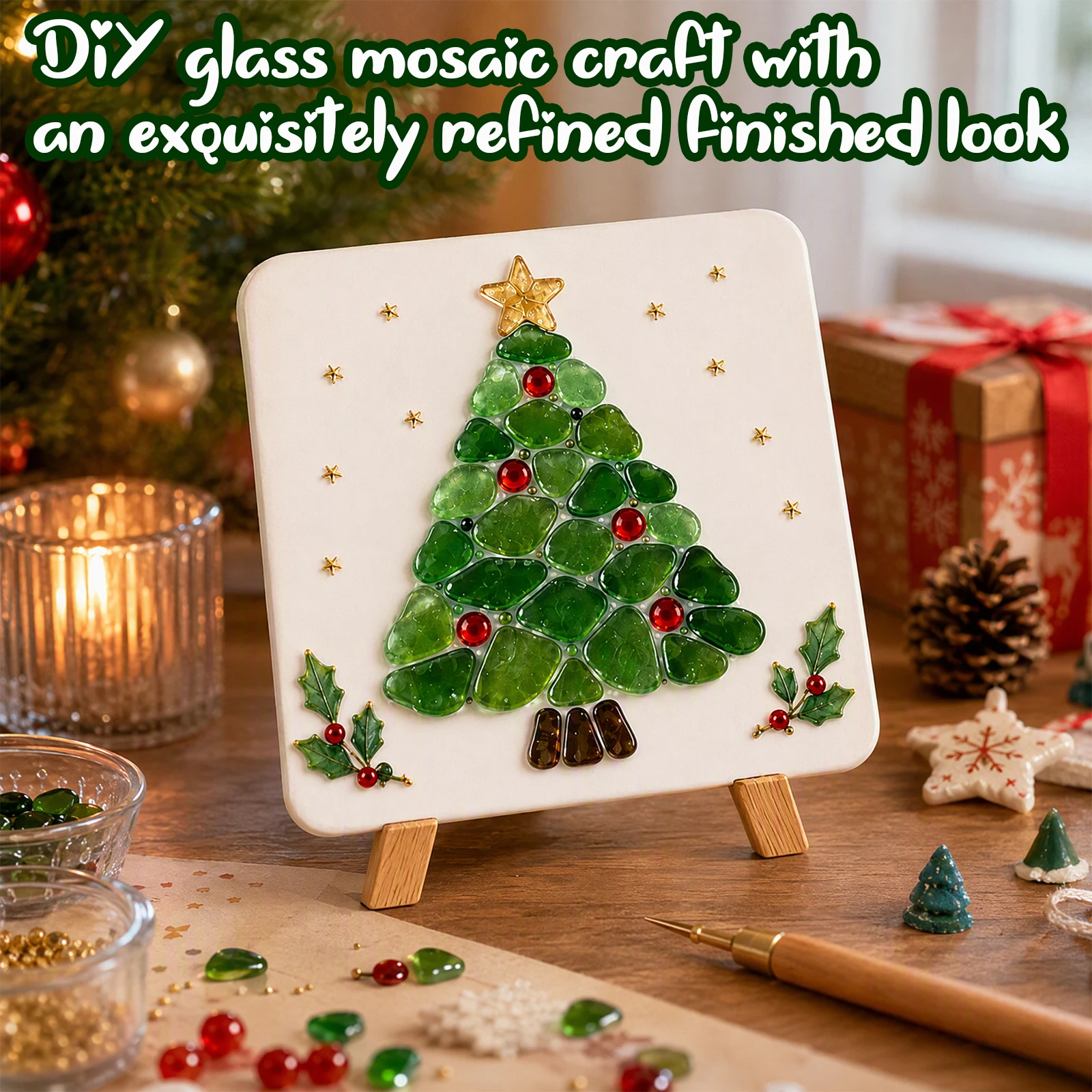 Christmas DIY Mosaic Craft Kit Reindeer Sea Glass Art Set Holiday Festive Table Decor with Tweezers Complete Tools - Image 3