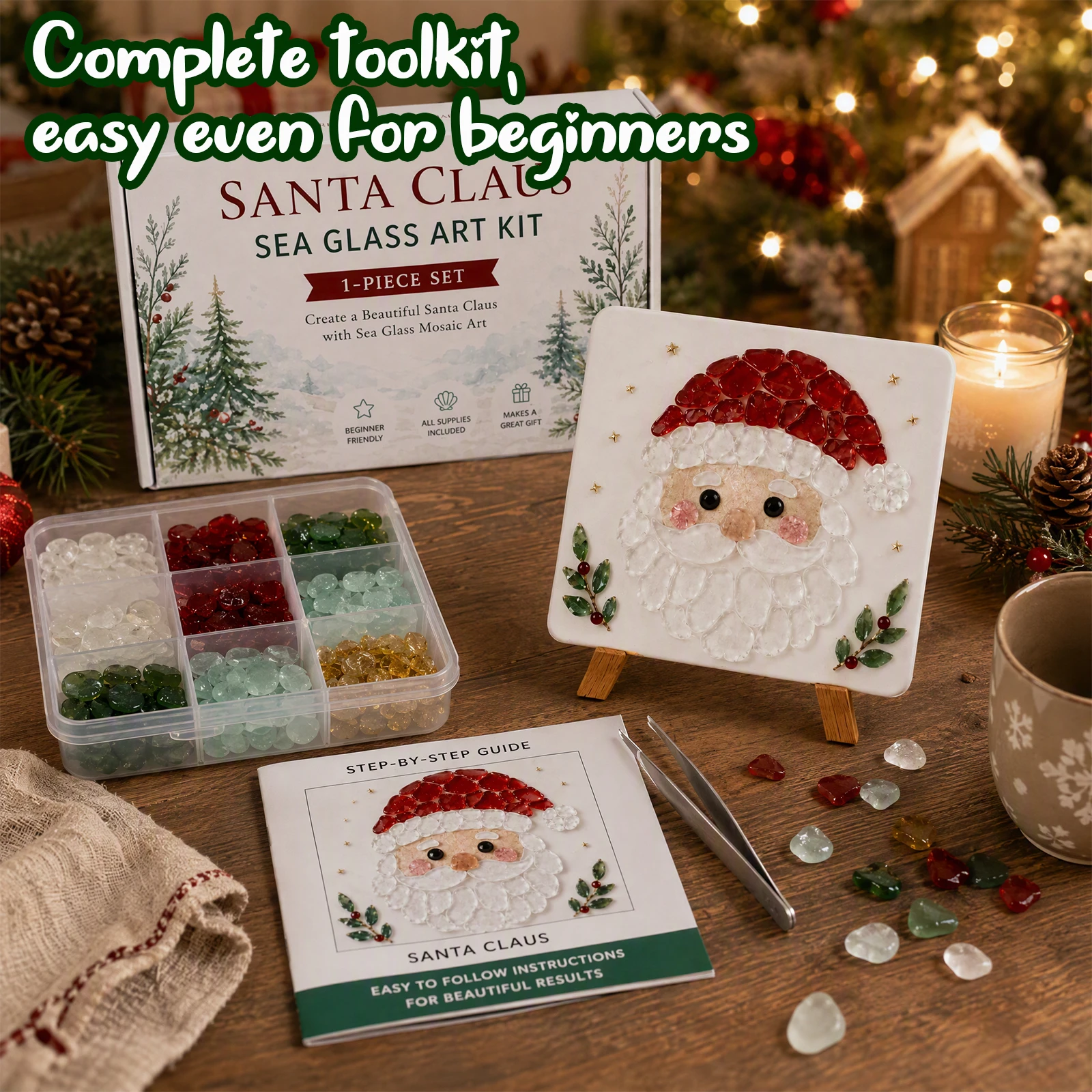 Christmas DIY Mosaic Craft Kit Reindeer Sea Glass Art Set Holiday Festive Table Decor with Tweezers Complete Tools - Image 4