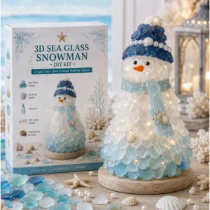 Christmas DIY Sea Glass Snowman Craft Kit with LED Light,Make Your Own Coastal Holiday Tabletop Ornament, Complete DIY Art Kit