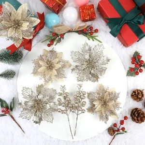 Christmas Decoration Glitter Artificial Flowers Berry Bouquet, Christmas Tree Pendant Ornaments, Xmas Home Party Accessories ﻿