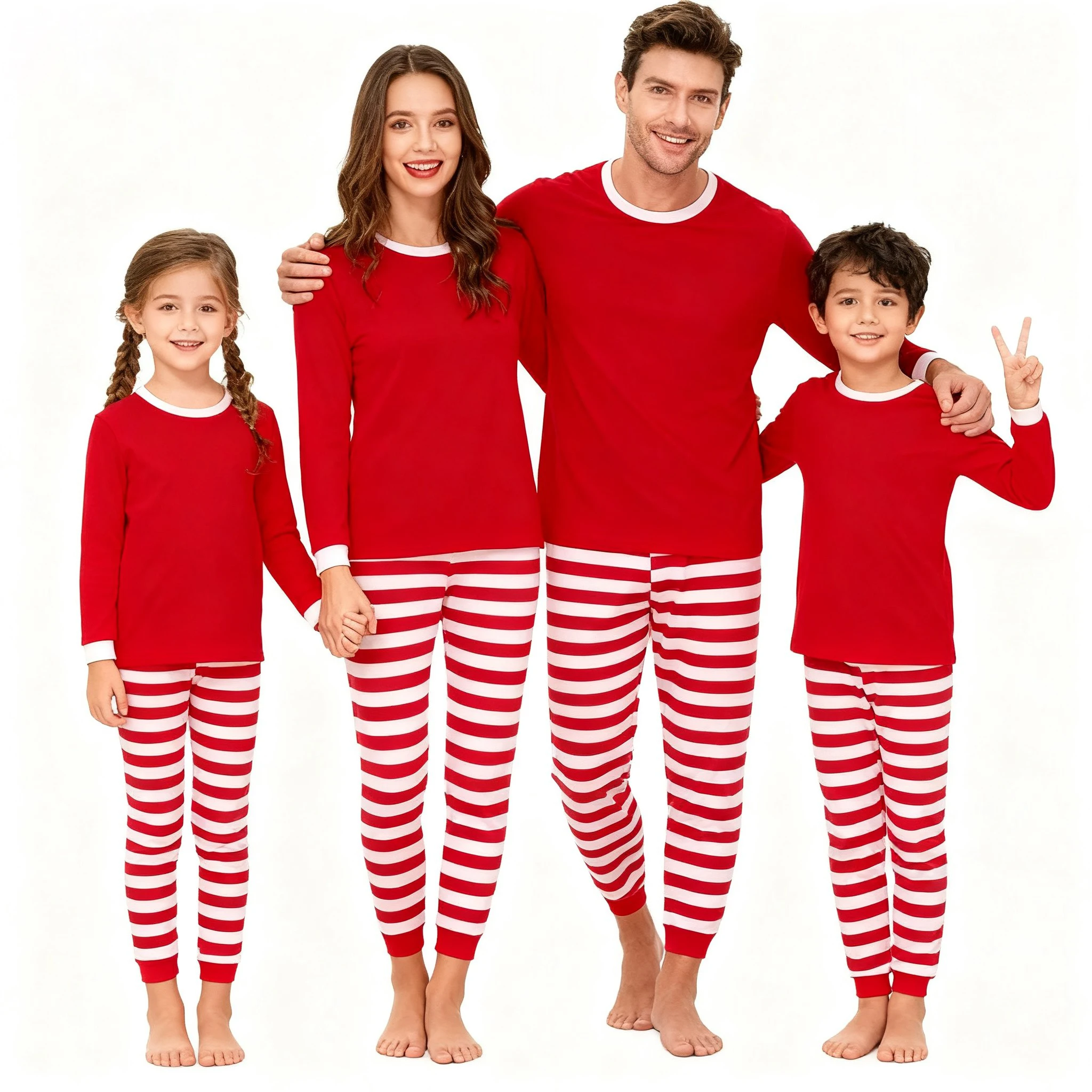 Christmas Family Matching Pajamas Sets Red Top & Striped Pants Long Sleeve Sleepwear for Parents and Children Festive Xmas Pjs