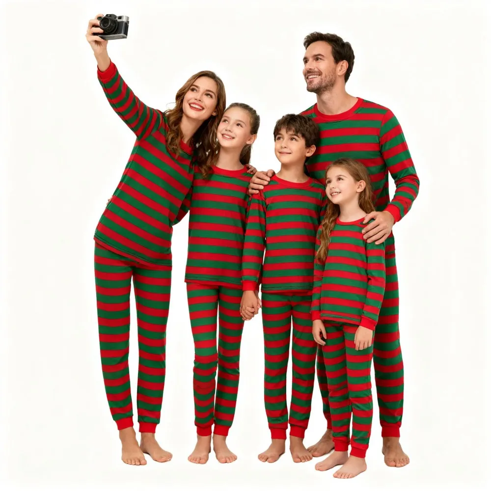 Christmas Family Pajamas Set Matching Red Green Stripes Long Sleeve Sleepwear for Parents Children Kids Festive Xmas Pjs Outfits - Image 2