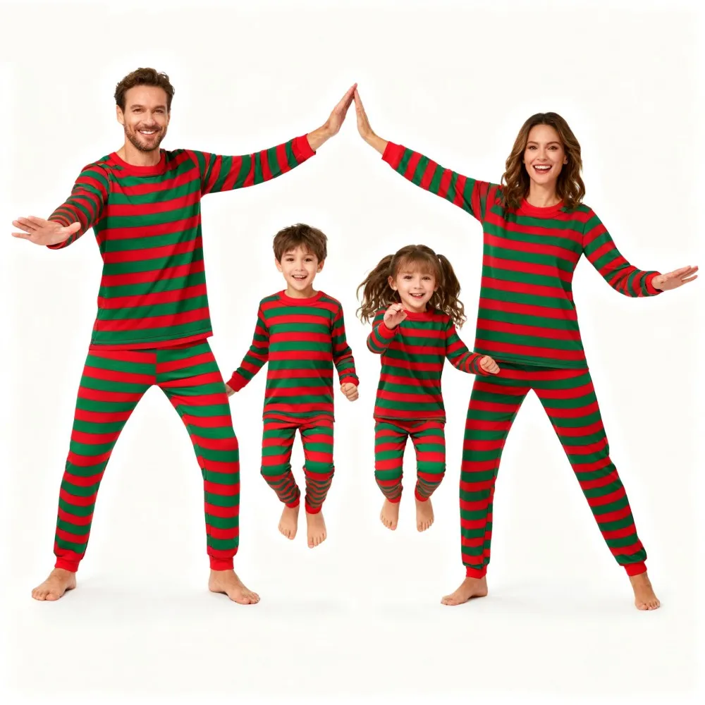 Christmas Family Pajamas Set Matching Red Green Stripes Long Sleeve Sleepwear for Parents Children Kids Festive Xmas Pjs Outfits - Image 6